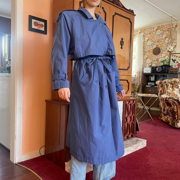 1980s classic double breasted belted periwinkle long trench coat! - Picture 2 of 16